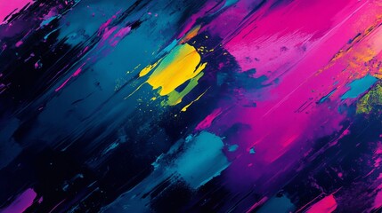 Fototapeta premium Abstract Artwork with Diagonal Brushstrokes of Blue, Yellow, and Pink Paint on Black Canvas