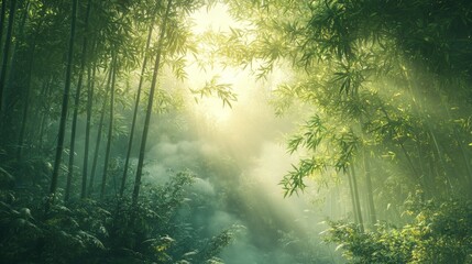 Sunbeams Illuminating a Mist-Shrouded Bamboo Forest