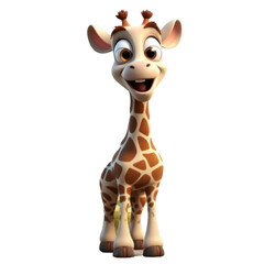 A cute cartoon giraffe with a friendly smile and long neck standing on a white background.