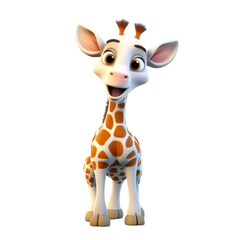 Obraz premium A cute cartoon giraffe with brown spots and a big smile stands against a black background.