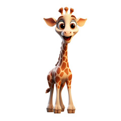 Fototapeta premium A cute cartoon giraffe with big eyes and a friendly smile stands against a white background.