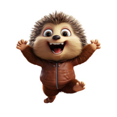 Fototapeta premium A cute cartoon hedgehog wearing a brown jacket jumps with happiness.
