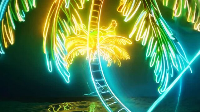 A neon sign of a palm tree with neon green, yellow, and red lights