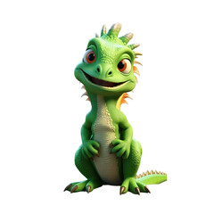Fototapeta premium A cute cartoon iguana with a big smile and bright green scales sits on a black background.