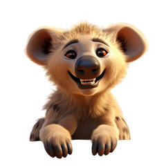 A cute cartoon hyena with a big smile and paws in front of it, isolated on a black background.