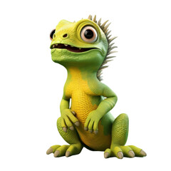 Fototapeta premium A cute cartoon iguana with a surprised expression, sitting with its paws crossed and looking up.