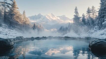 Tranquil Natural Hot Spring Pool Surrounded by Snowy Mountains and Evergreens