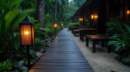 Serene pathway illuminated by lanterns, surrounded by lush greenery and tranquil ambiance, perfect for relaxation and escape.