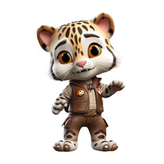A cute cartoon leopard wearing a brown vest and brown pants with a playful expression on its face.