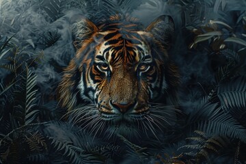A powerful tiger emerges from the dense jungle, showcasing its intense gaze amid dark foliage and mist.