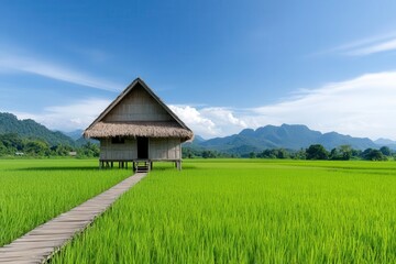 Obraz premium Serene rural scene featuring a wooden house amidst lush green rice fields and majestic mountains under a clear blue sky.