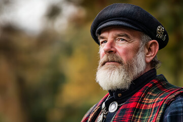 Obraz premium Portrait of a Scottish man in a kilt and traditional attire, Scotland