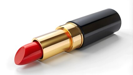 Closeup beautiful red lipstick tube in black and gold cover isolated on white background