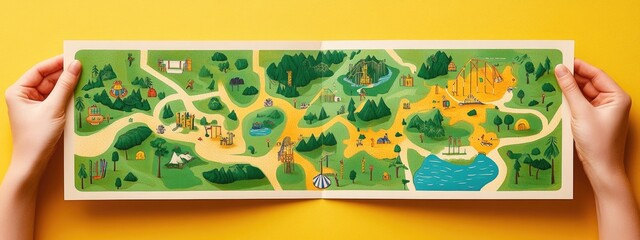 Amusement park map, with colorful illustrations, in a personâ€™s hands, under bright sunlight