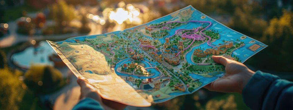 Amusement park map, with colorful illustrations, in a personâ€™s hands, under bright sunlight