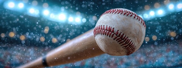 Baseball bat, with ball hitting the sweet spot, under bright stadium lights