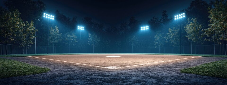 Baseball diamond, with bases and pitcher&acirc;&euro;&trade;s mound, under bright lights