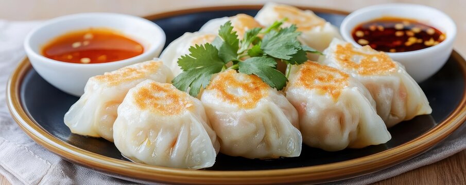 A plate of delicious Thai steamed dumplings Kanom Jeeb with a golden-brown crispy bottom