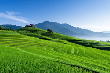 Obraz premium Vibrant green rice terraces under a clear blue sky, with mountains in the background, showcasing stunning agricultural landscapes.