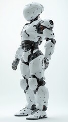 Fototapeta premium Bipedal robot, navigating uneven terrain, with hydraulic joints and sensors, in natural sunlight