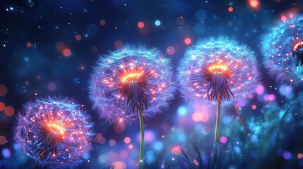 Glowing Dandelion Seeds with Blurry Lights and Sparks