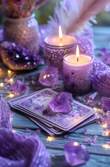 Light Purple Background with Amethyst Crystal and Tarot Cards for a Mystical and Spiritual Vibe