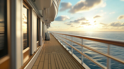 Fototapeta premium Hyper-realistic close-up of a cruise ship deck, showcasing the luxury amenities and the