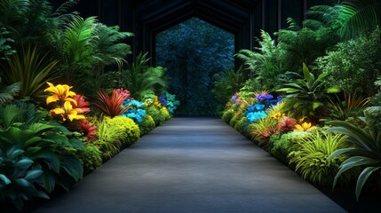 Vibrant tropical path lined with lush foliage and colorful flowers, creating a serene and inviting atmosphere.