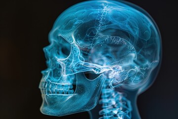 An artistic x-ray of a human skull, showcasing detailed bone structure and transparency against a dark background.