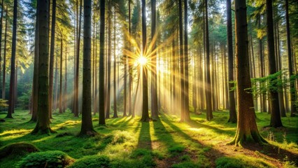 Naklejka premium Dense forest with rays of sunlight filtering through the trees, nature, trees, sunlight, forest, greenery, outdoors