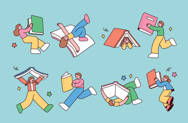 People are flying, floating, and doing fun concept moves while holding large books.