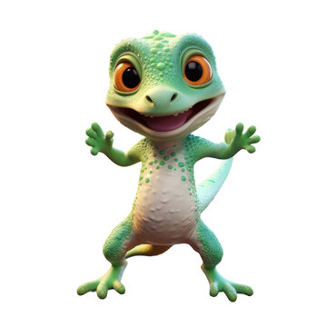 recommend clip art: A cute, cartoon gecko with big eyes, a wide smile, and raised hands stands on a black background.