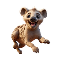 Fototapeta premium A cute, cartoon hyena cub with spotted fur, wide eyes, and a big smile, leaps with excitement.