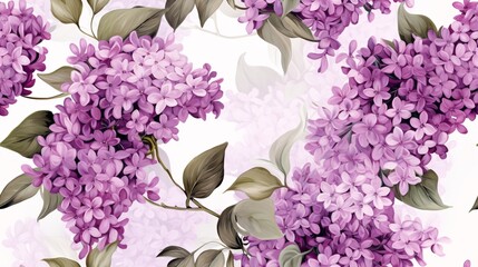 Vintage luxury seamless pattern with watercolor lilac flowers and green leaves, highlighting the elegance of purple blooms