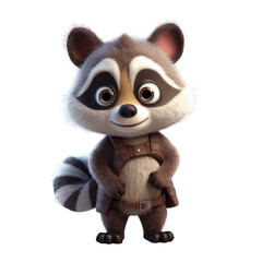 A cute, cartoon raccoon with a mischievous grin and a brown leather belt is standing with its paws crossed.