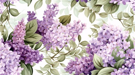 Vintage luxury seamless pattern with watercolor lilac flowers and green leaves, highlighting the elegance of purple blooms