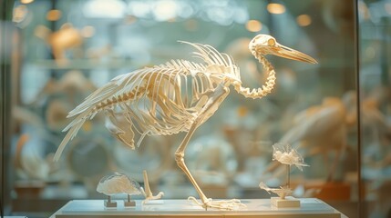 Detailed view of a bird skeleton on display, showcasing the intricate structure of its bones in a museum setting.