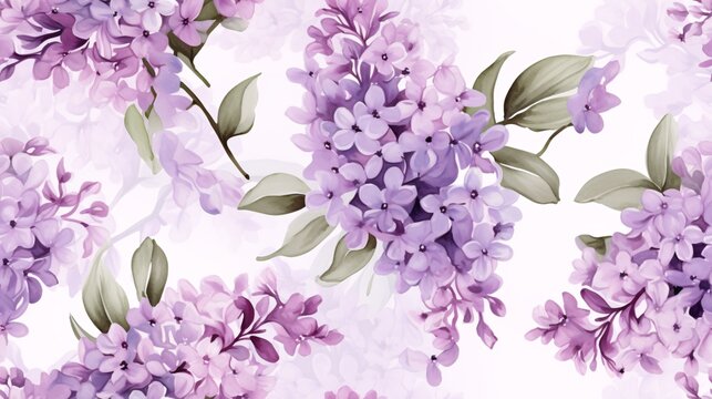 Luxurious seamless pattern of watercolor lilac flowers and leaves, featuring delicate purple blooms and a vintage-inspired design