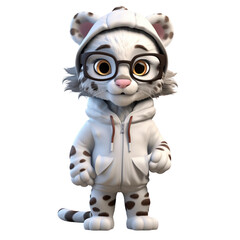 A cute, cartoon snow leopard wearing a white hoodie and glasses, with a friendly expression.