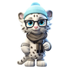 A cute, cartoon snow leopard wearing a blue beanie, grey scarf, and glasses.