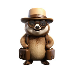 A cute, cartoon sloth wearing a hat and sunglasses, carrying two suitcases, is ready for adventure.