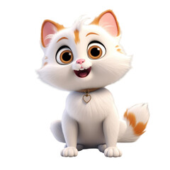 Obraz premium A cute, cartoon, white and orange cat with big, brown eyes and a pink nose is sitting and smiling.
