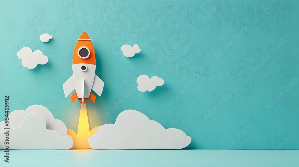 Poster aerospace engineer with rocket in paper cut art representation