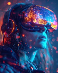 Futuristic woman in virtual reality headset, immersed in vibrant digital environment with glowing lights and particles.