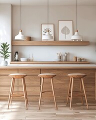 Modern kitchen design showcasing wooden furniture, pendant lights, and artistic decor, ideal for interior inspiration.