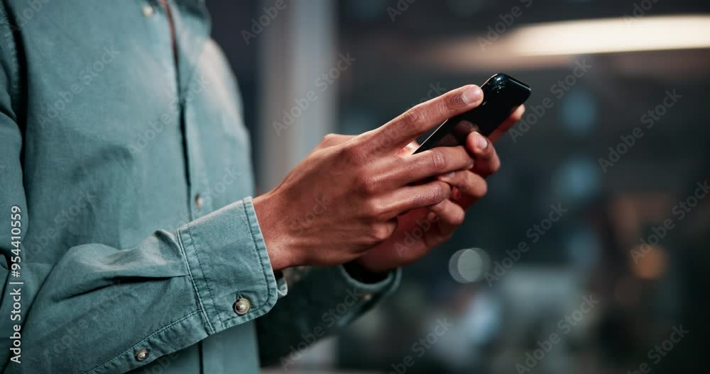 Poster Hands, phone and texting at night in office with mobile networking, communication or chat on web. Person, smartphone and scroll on application for contact, notification or social media in workplace