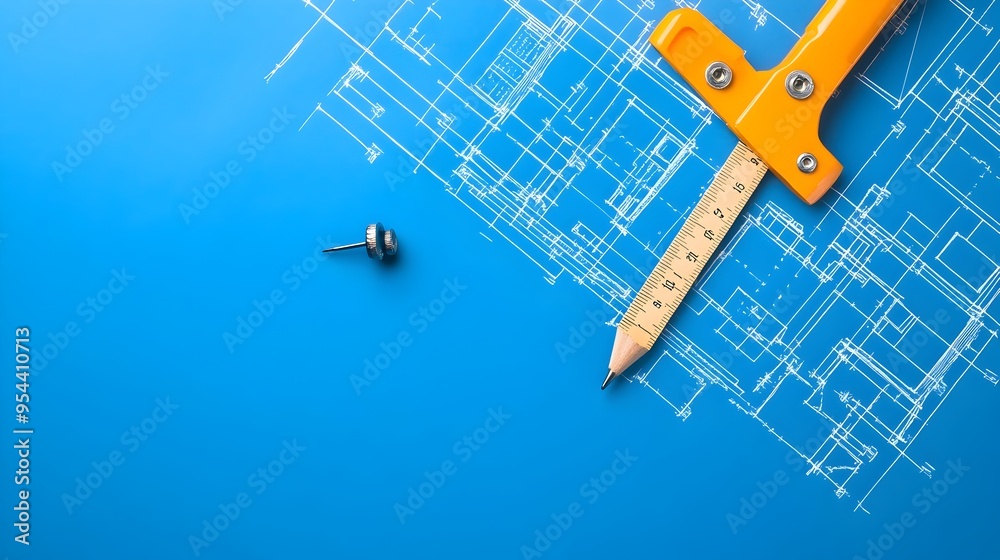 Poster blueprint ruler and pencil representing design planning in paper cut art