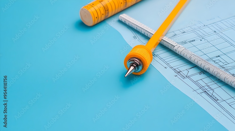 Poster Blueprint with Ruler and Pencil Representing Design Planning in Paper Cut Art Style