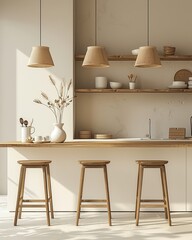 Stylish kitchen interior with wooden stools, neutral tones, and minimalist decor, creating a cozy and inviting atmosphere.