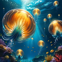 A colorful underwater scene with large, golden jellyfish floating against a blue background